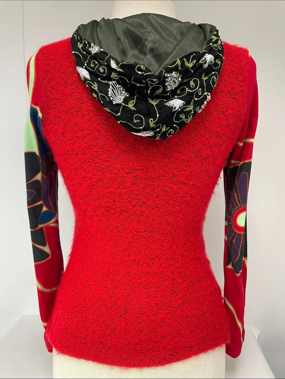 Custo Barcelona Red Fuzzy Knit Long Sleeve Top with Printed Sleeves, Size S